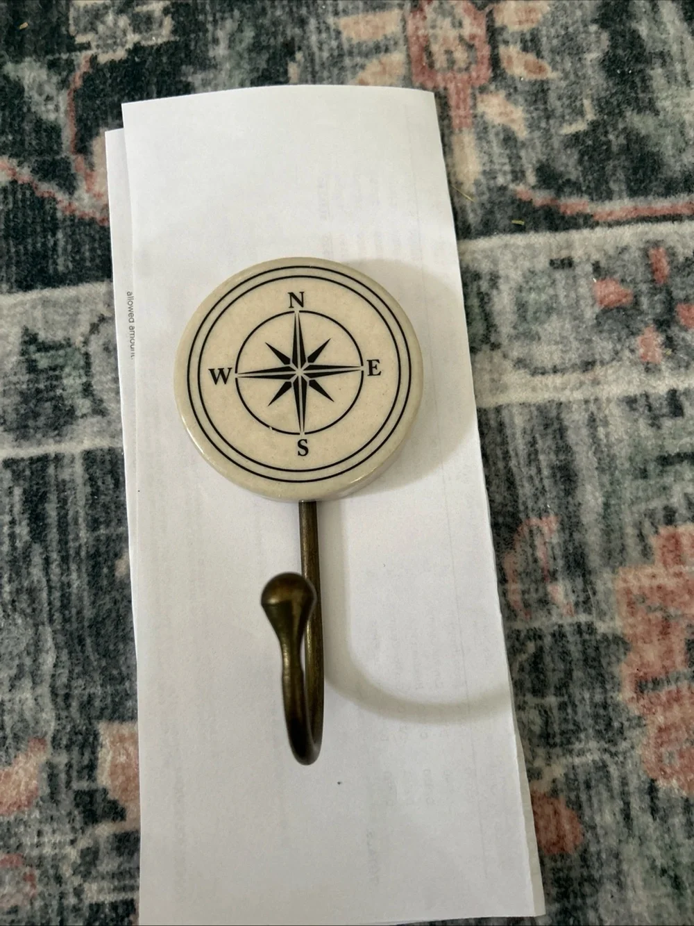 Pottery Barn Compass Wall Hook - Cream and Antique Brass Finish